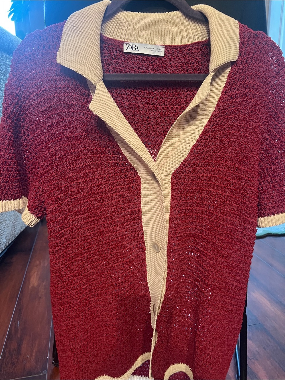 Zara Burgundy and Cream Open-Knit Polo Cardigan